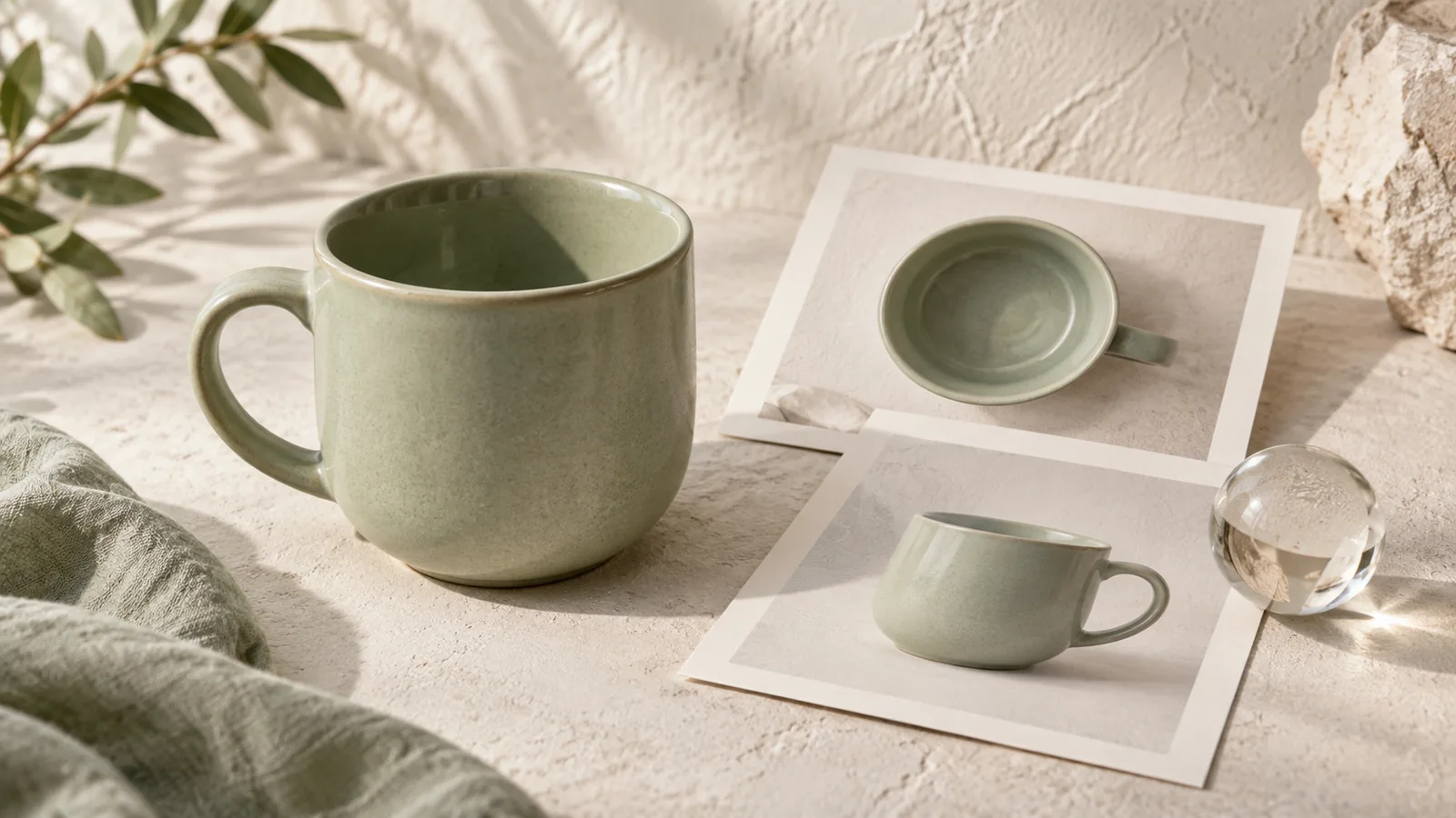 A sage ceramic cup beside photographs of its top and side views and a clear glass sphere.