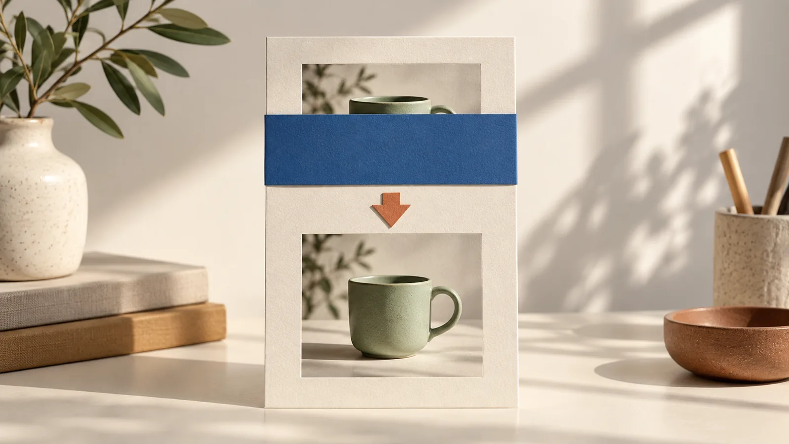 AI editorial concept: a blue paper band hides an upper cup picture while a terracotta arrow points to a visible lower cup.