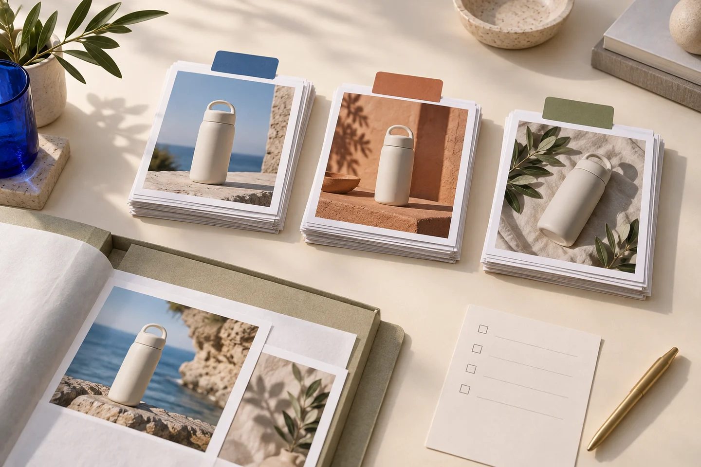 AI editorial illustration: three stacks of bottle advertising prints with colored tabs, an archive folder and a blank checklist.