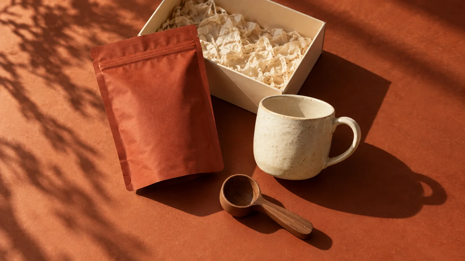 A coffee pouch, ceramic cup and wooden scoop arranged beside an open gift box on terracotta.