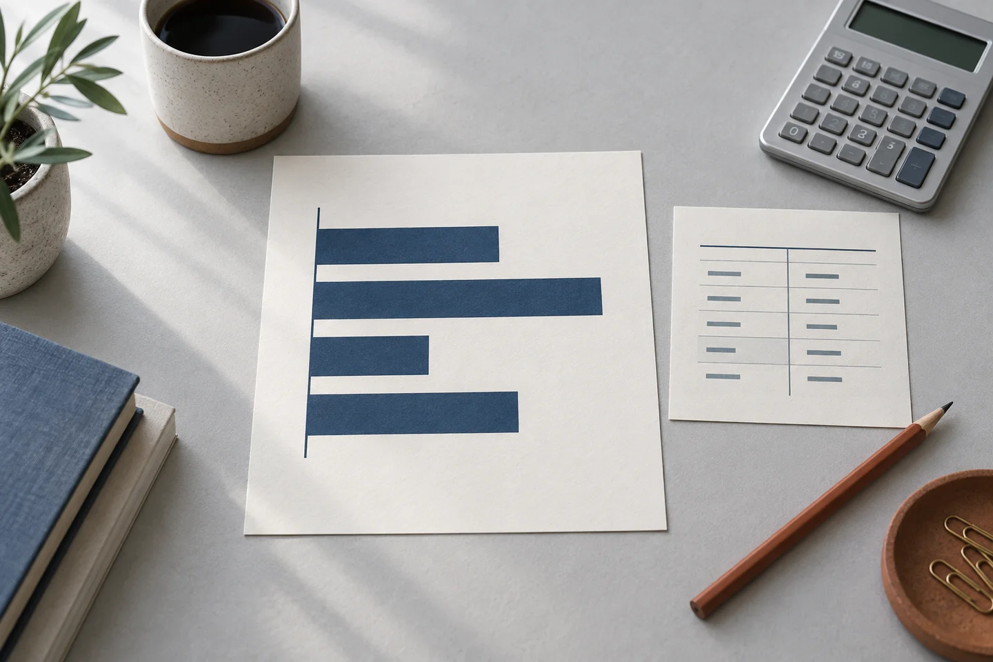 AI editorial illustration: an abstract blue bar chart, table card, calculator and pencil; not measured data.