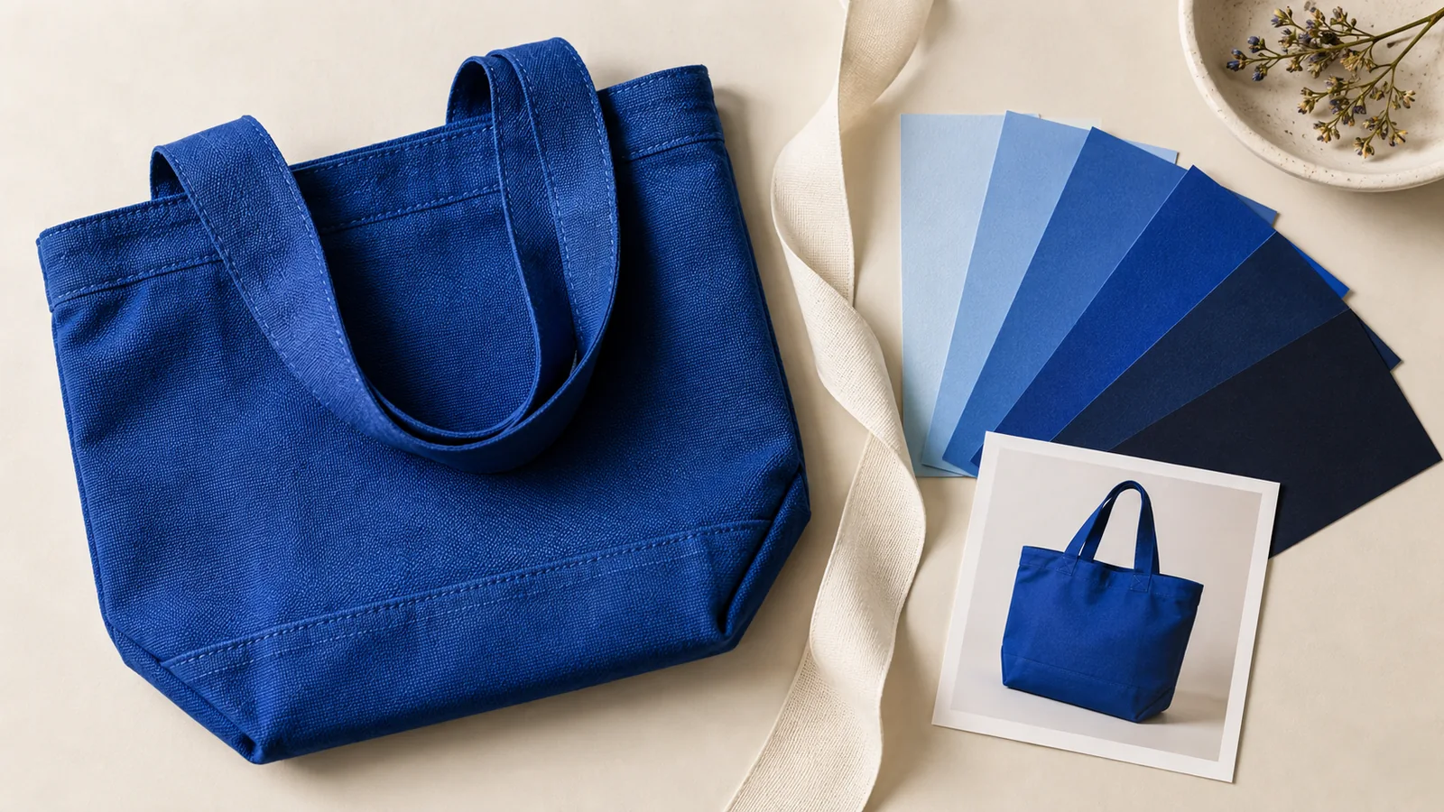 A cobalt-blue canvas bag with blue paper color swatches and a matching product photograph.