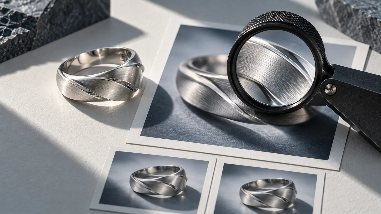 A silver ring, a loupe magnifying its brushed texture, and smaller photographic prints.