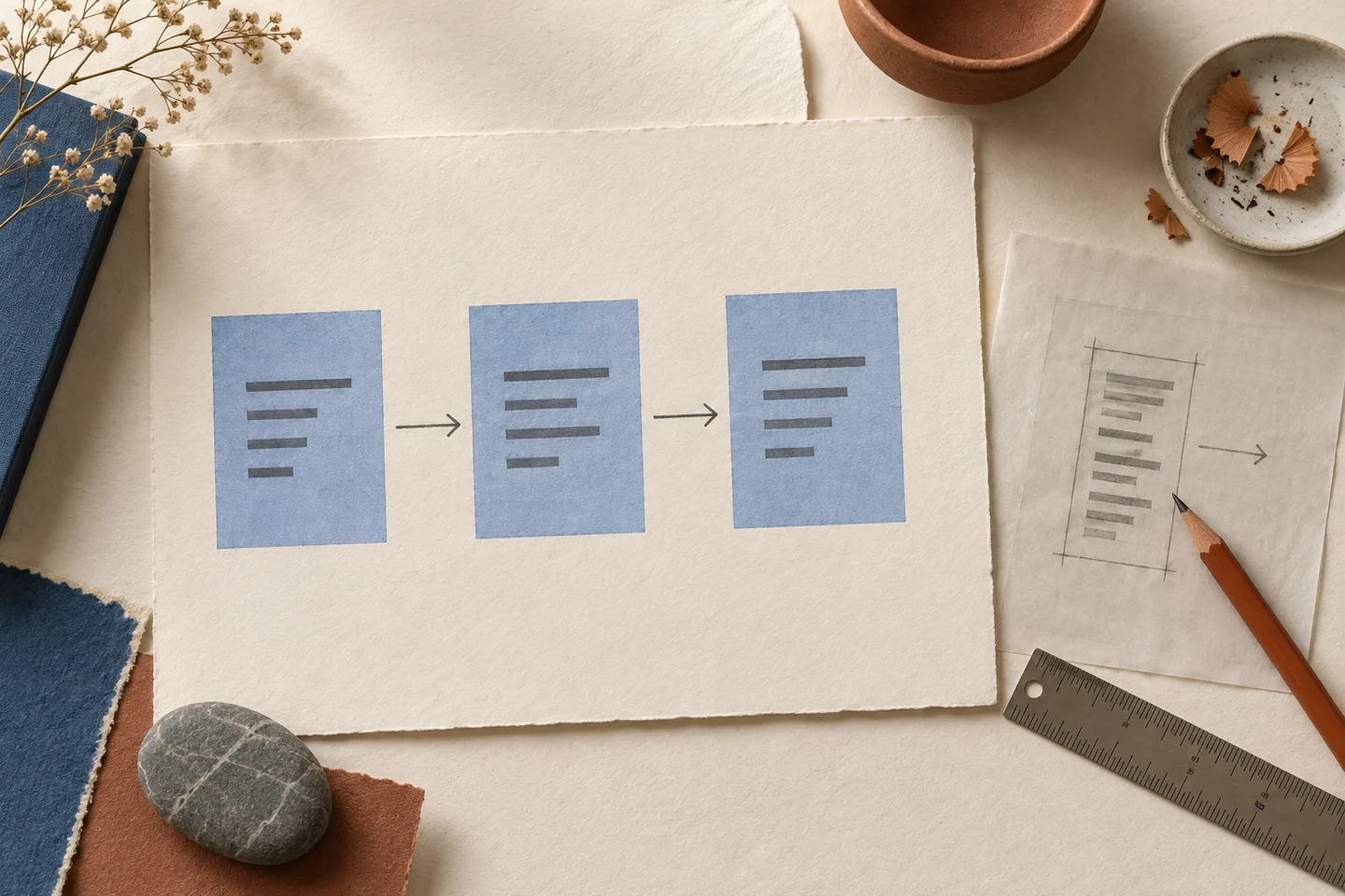 AI editorial illustration: three blue diagram cards connected by arrows beside a narrow draft, pencil and ruler.