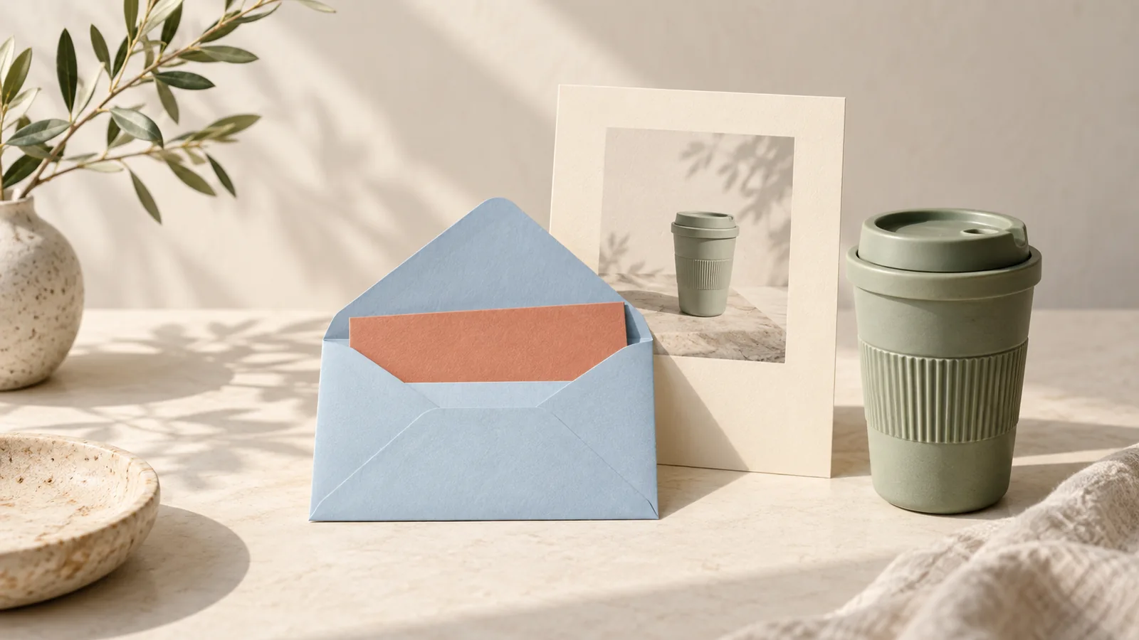 AI editorial concept: a blue envelope with a terracotta preview strip beside a sage cup and campaign print.