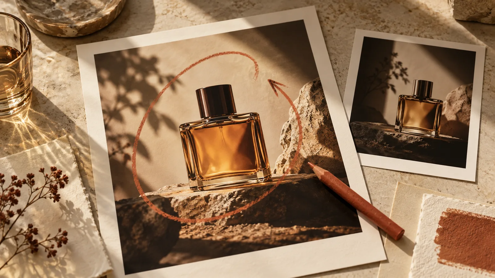 Perfume campaign prints with terracotta pencil annotations on an art director’s table.