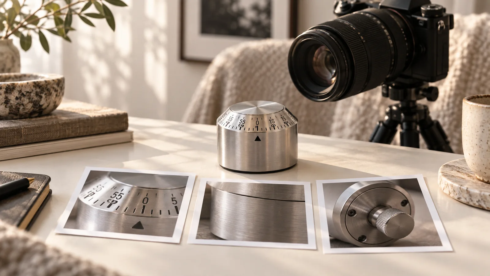 AI editorial illustration: a silver timer, camera and three close-up prints.