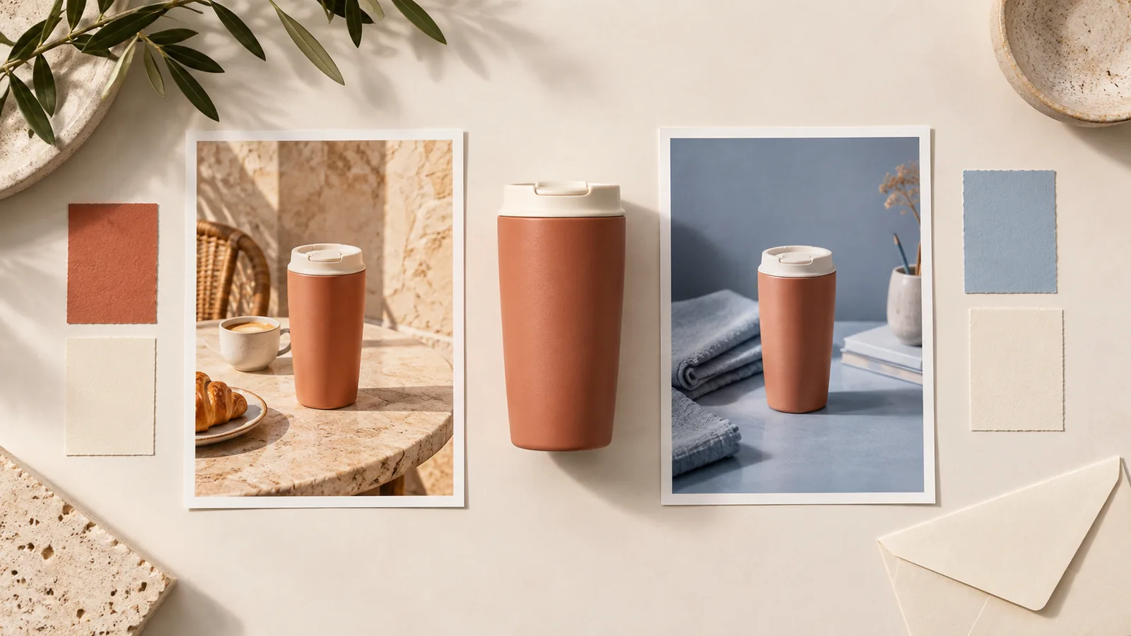 A terracotta travel tumbler between campaign photos in a warm café and a cool blue workspace.