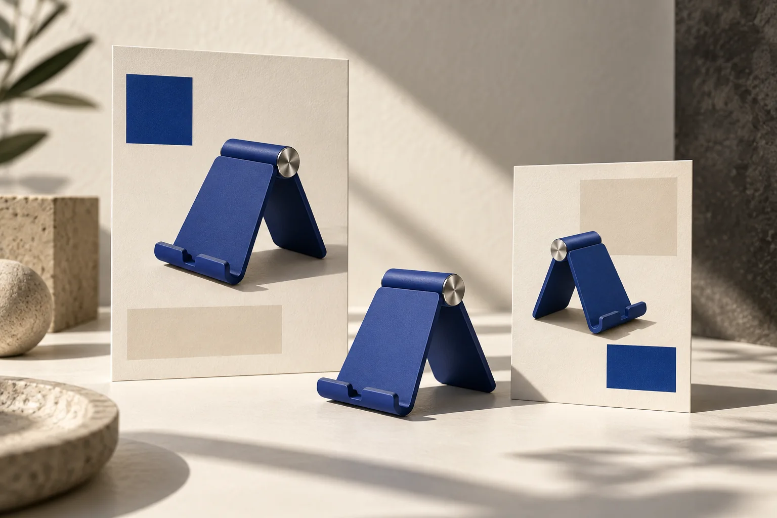 A cobalt-blue phone stand beside two campaign cards showing the same product.
