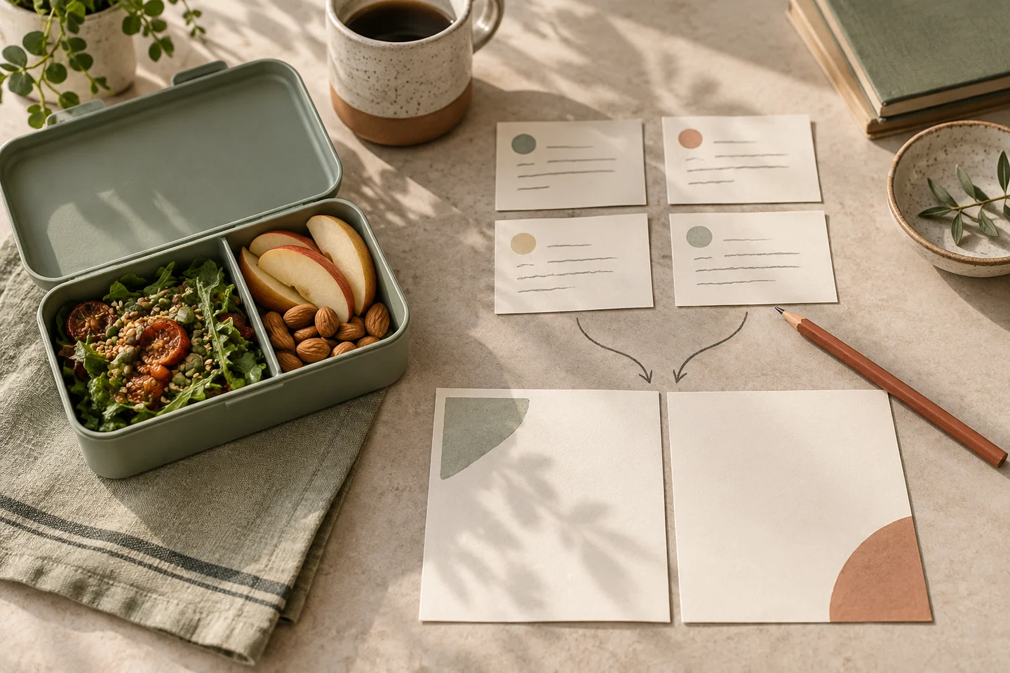 AI editorial illustration: a sage lunchbox beside four review cards leading to two campaign cards.