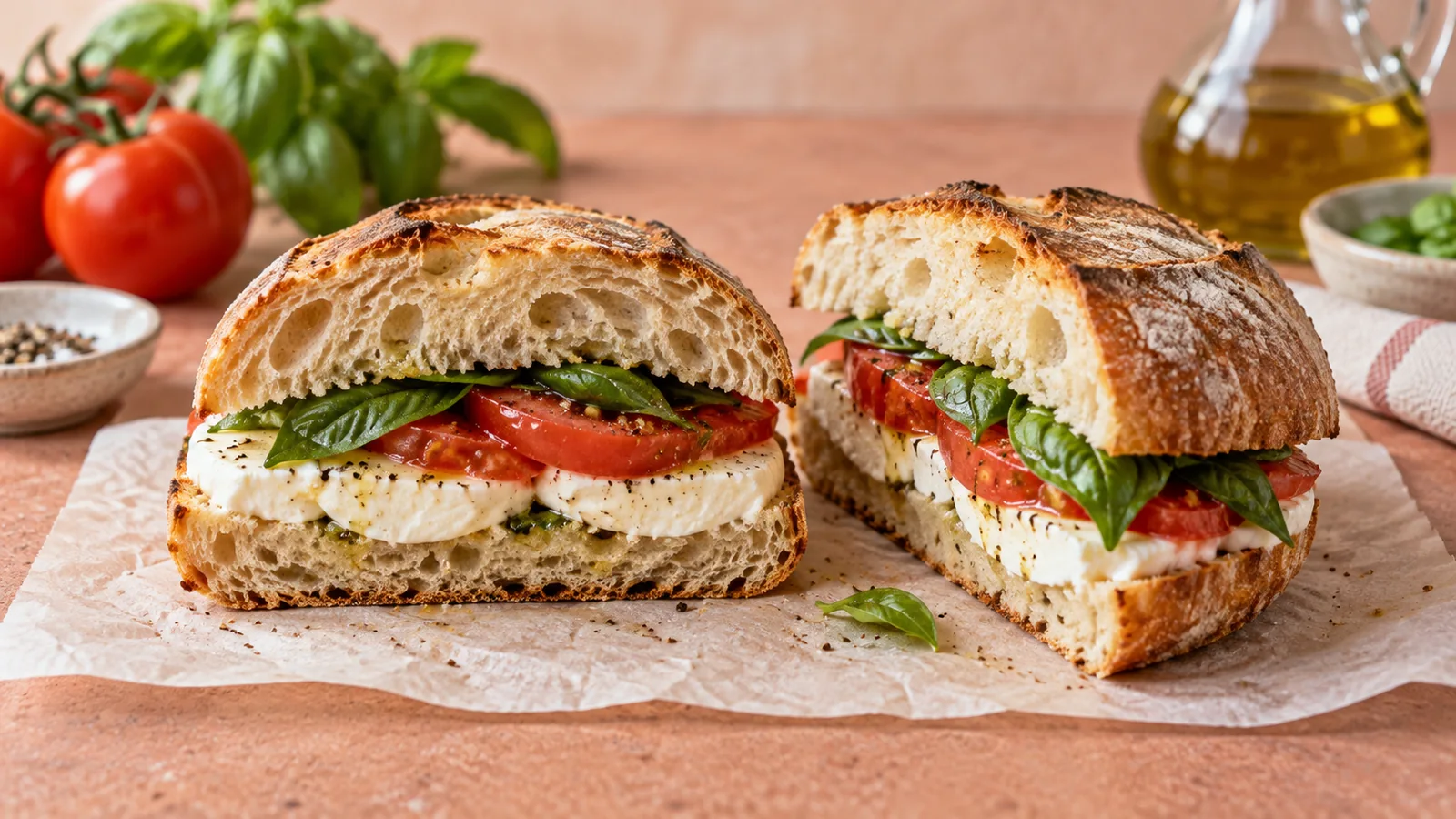 AI editorial illustration: two sandwich halves showing tomato, mozzarella and basil.