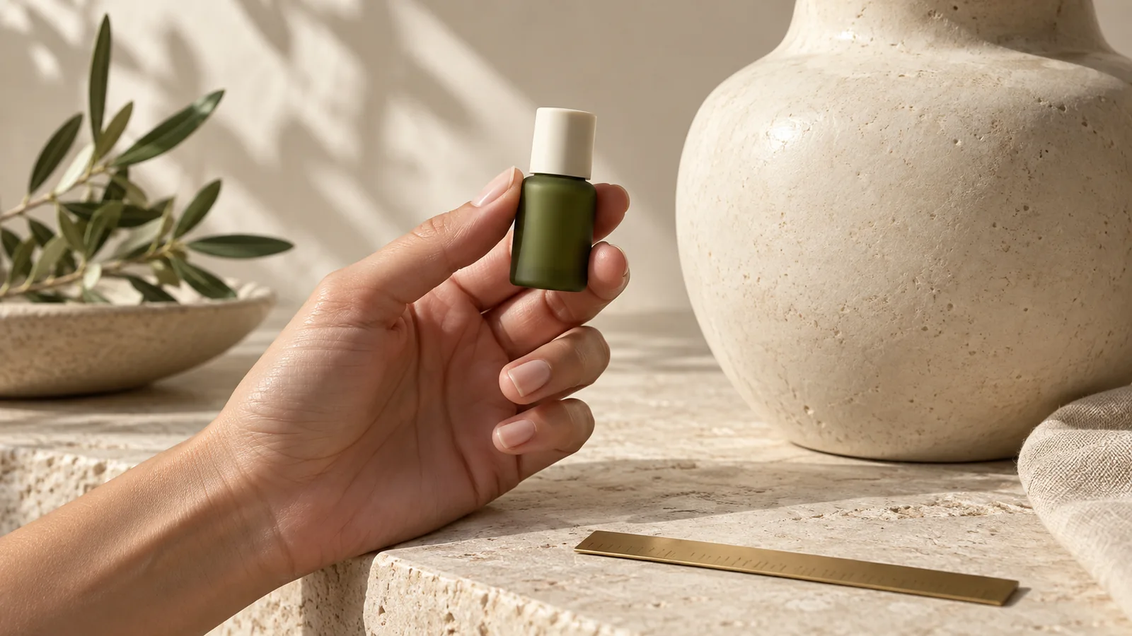 A hand holding a miniature olive-green bottle beside a larger ceramic vessel and a brass ruler.