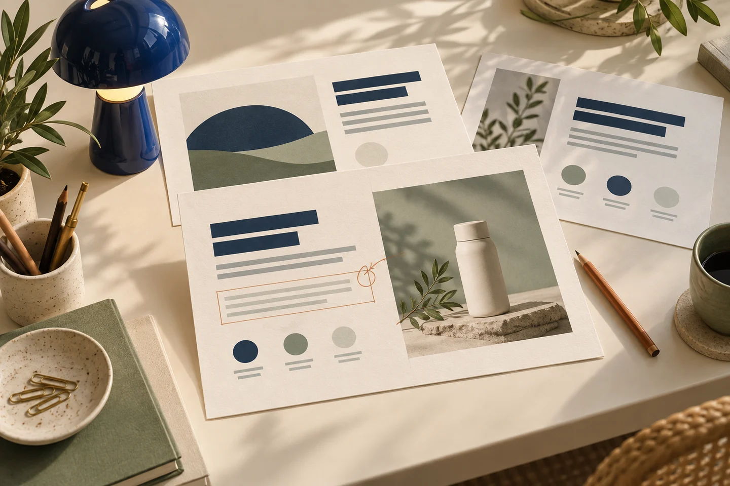 AI editorial illustration: printed product slides with pencil corrections beside a blue lamp.