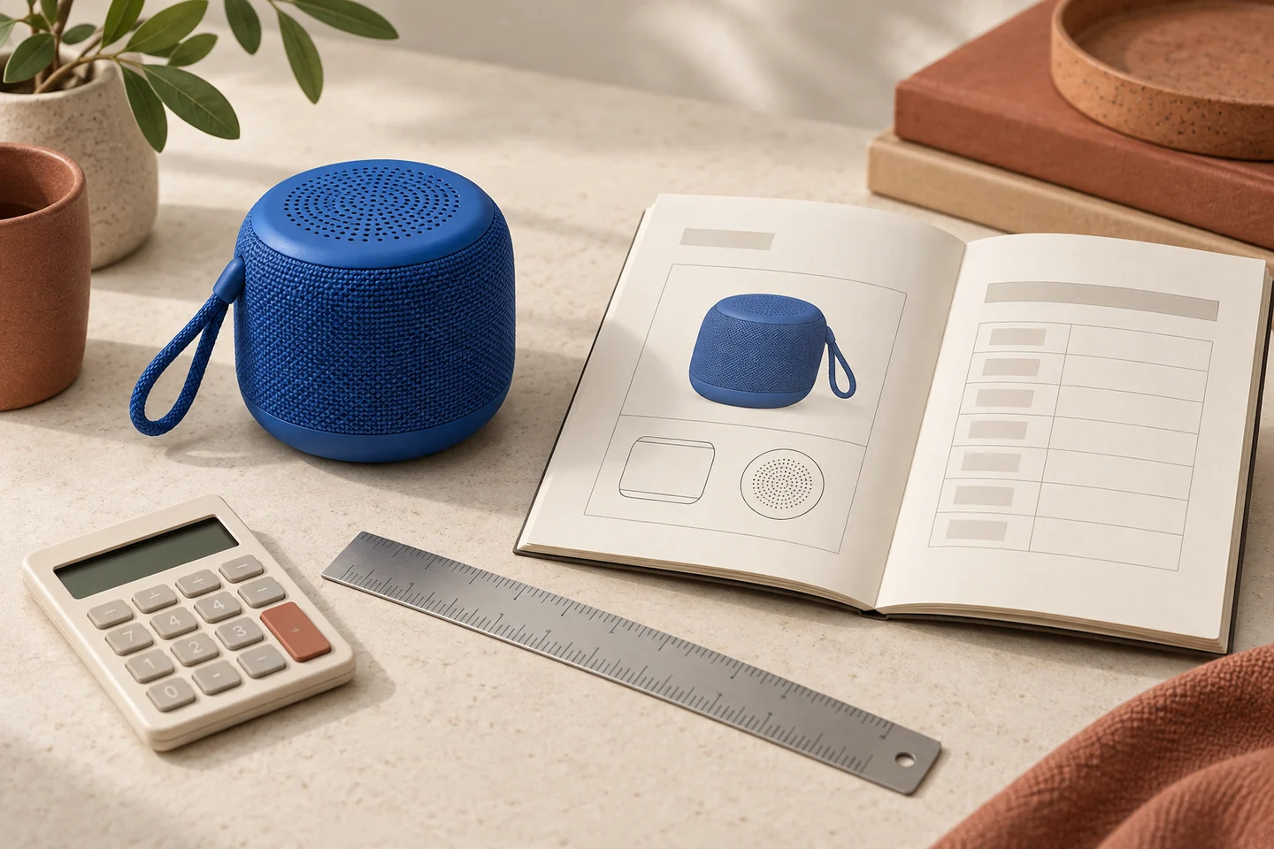 AI editorial illustration: a blue speaker beside an open specification booklet, ruler and calculator.
