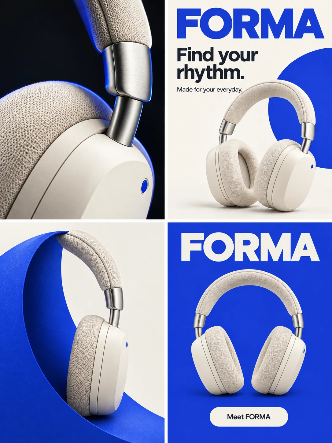 Historical Panelly example: a four-panel ad for fictional FORMA headphones.