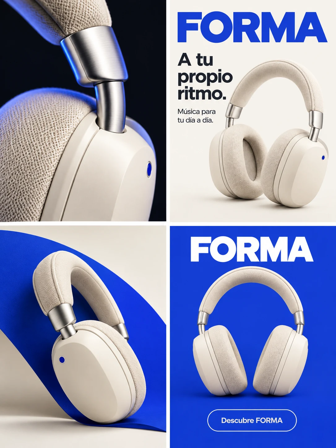 Ejemplo histórico de Panelly: anuncio de cuatro viñetas para los auriculares ficticios FORMA.