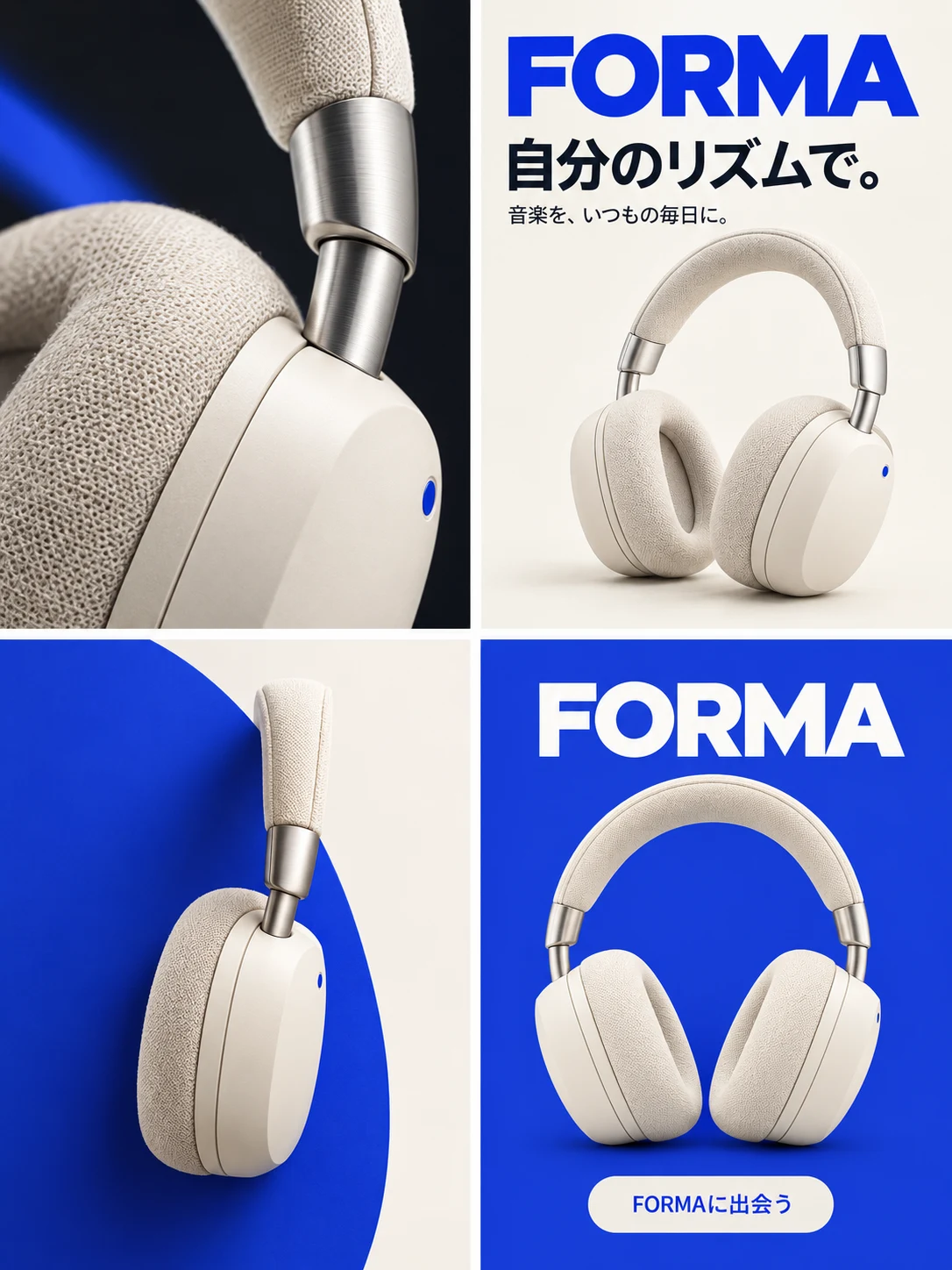 Panellyの過去の作例:架空のFORMAヘッドホンの4コマ広告。