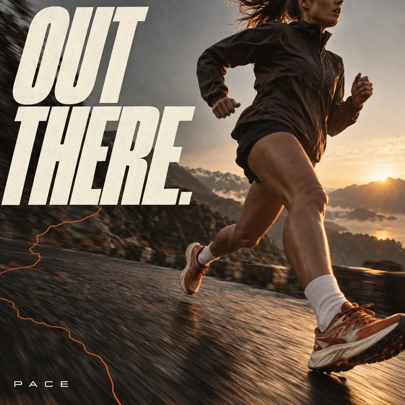 Runner photographed in motion with oversized italic sports typography