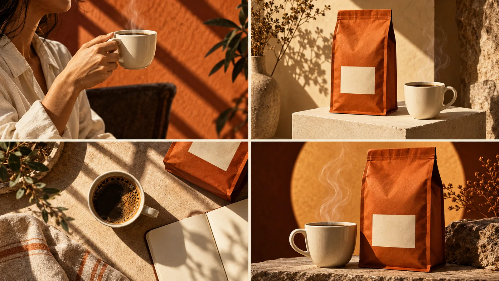Four warm coffee campaign frames with an ivory cup, rust-colored pouch and afternoon sunlight.