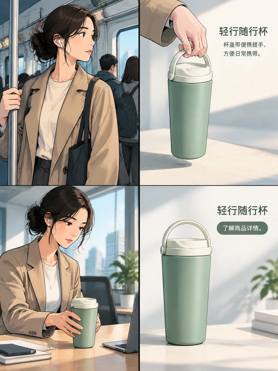 Four-panel travel-cup ad concept showing a commuter, the carrying handle, desk use and the green cup.
