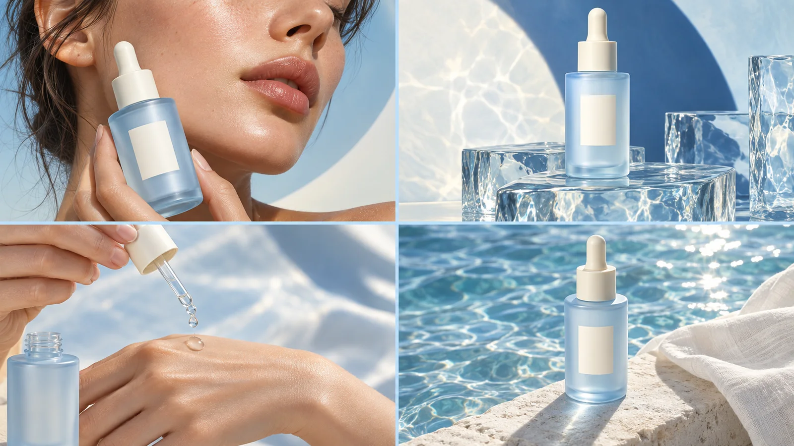 Four skincare campaign frames with a blue serum bottle, skin close-ups and reflected water light.